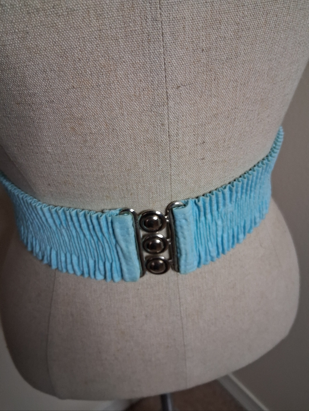 Vintage Light Aqua Blue Ruched Elastic Belt with Silver Closure 25 inches